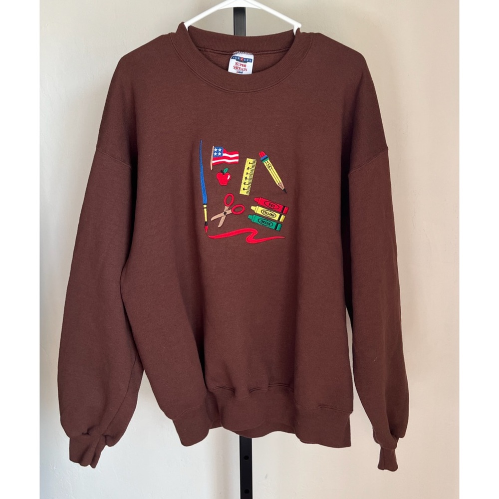Vintage 90s Jerzees Brown Embroidered Teacher Crewneck XL School Sweatshirt - Picture 1 of 3